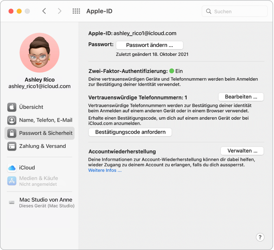 Der Apple-ID-Bereich „Passwort und Datenschutz“ in den Systemeinstellungen. Klicke auf „Verwalten“, um die Accountwiederherstellung einzurichten.