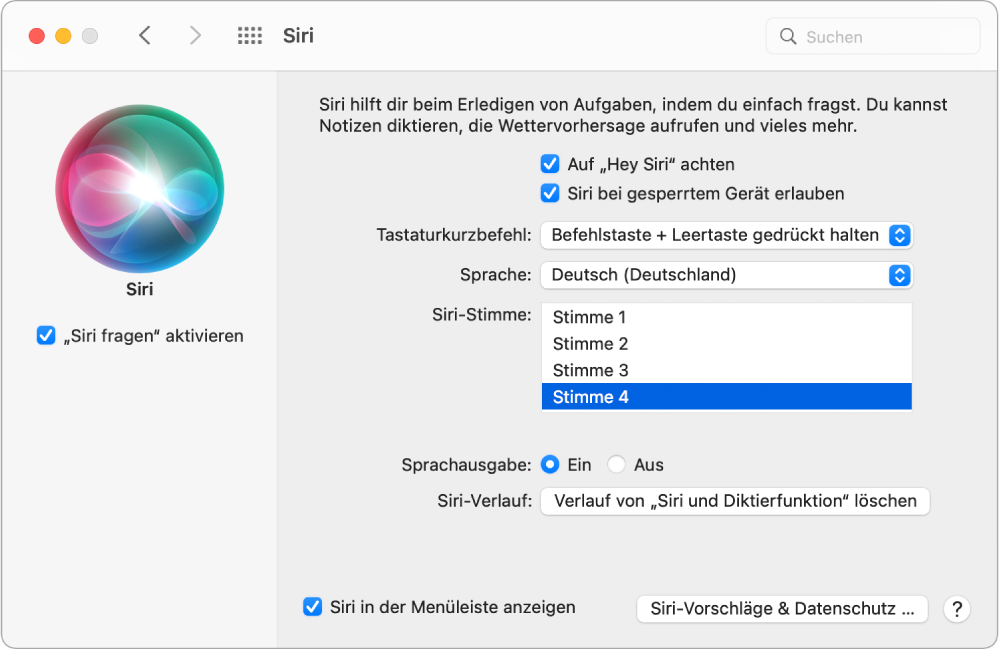 Das Fenster der Systemeinstellung „Siri“ mit ausgewählter Option „„Siri fragen“ aktivieren“ links und mehreren Optionen zum Anpassen von Siri rechts, u. a. „Auf „Hey Siri“ achten“.