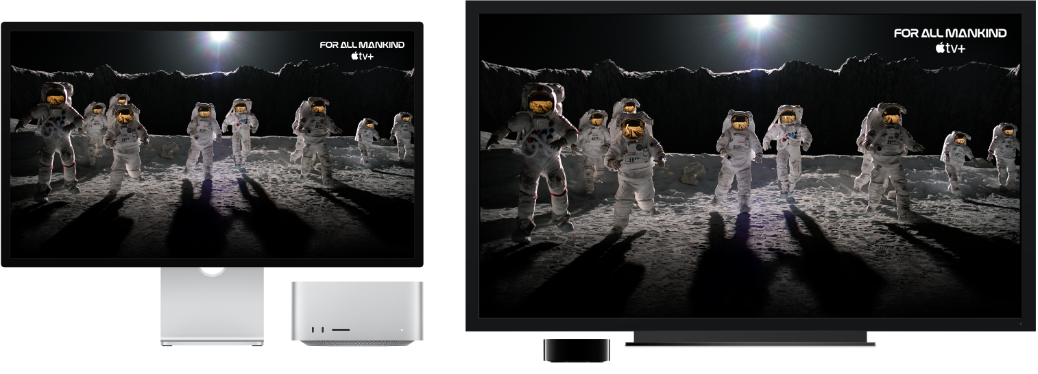 Ein Mac Studio, dessen Inhalt auf einem großen HDTV-Gerät über ein Apple TV gespiegelt wird