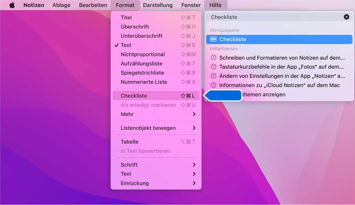 Das Menü „Hilfe“ mit einer Suche nach „Checkliste“. Der Befehl „Checkliste“ ist in der Ergebnisliste im Menü „Format“ hervorgehoben