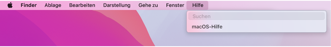 Ein Ausschnitt des Schreibtisch mit dem geöffneten Menü „Hilfe“, in dem die Menüoptionen für die Suche und die macOS-Hilfe zu sehen sind.