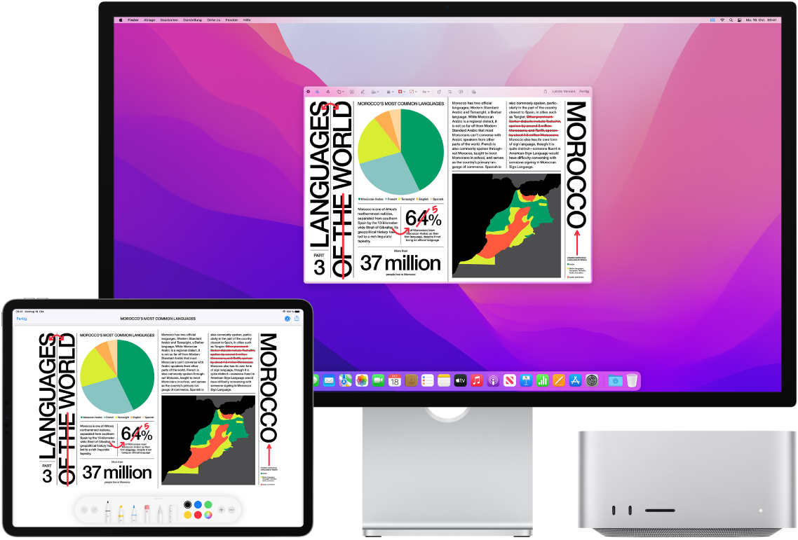 Ein Mac Studio und ein iPad nebeneinander Auf beiden Bildschirmen wird ein Artikel mit handschriftlichen, roten Markierungen wie durchgestrichenen Sätzen und hinzugefügten Wörtern angezeigt. Auf dem iPad-Bildschirm werden unten Steuerelemente für Markierungen angezeigt.