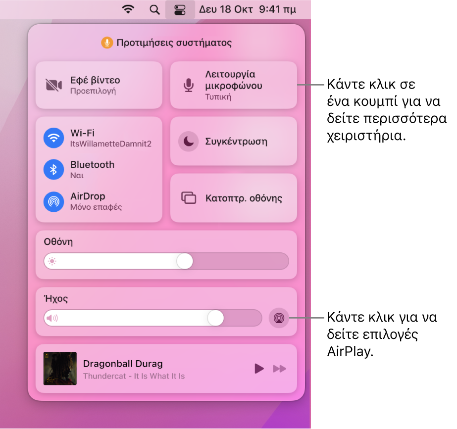 Μεγεθυμένη προβολή του Κέντρου ελέγχου στο Mac.
