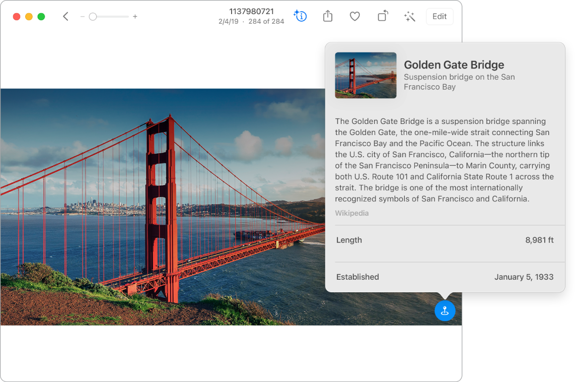 A photo of the Golden Gate Bridge. A small window shows information about the bridge.