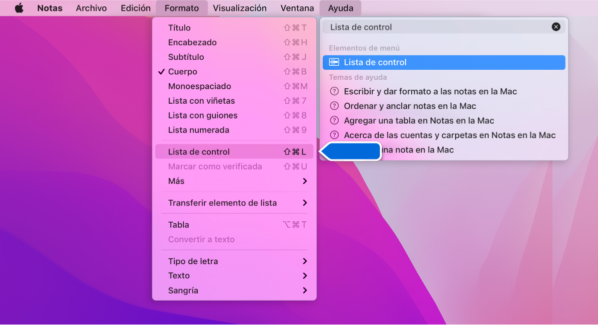 El menú Ayuda mostrando que se buscó “Lista de verificación” con el comando “Lista de verificación” resaltado en el menú Formato.