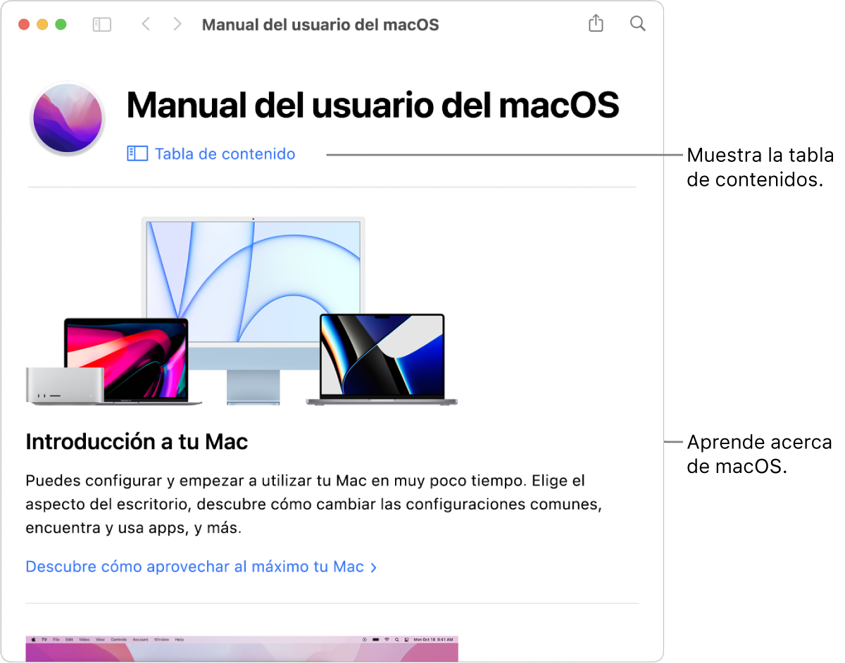 La página de bienvenida del Manual de usuario de macOS con el enlace a la tabla de contenido.