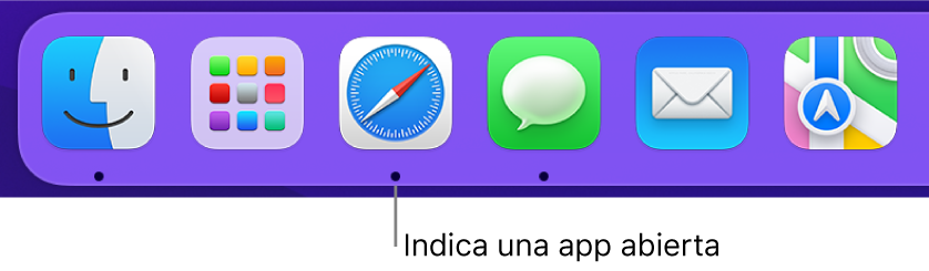 Una parte del Dock donde se ven puntos negros debajo de las apps abiertas.