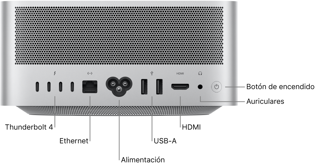 Parte posterior del Mac Studio con cuatro puertos Thunderbolt 4 (USB-C), el puerto Ethernet Gigabit, el puerto de alimentación, dos puertos USB A, el puerto HDMI, el conector para auriculares de 3,5 mm y el botón de encendido.