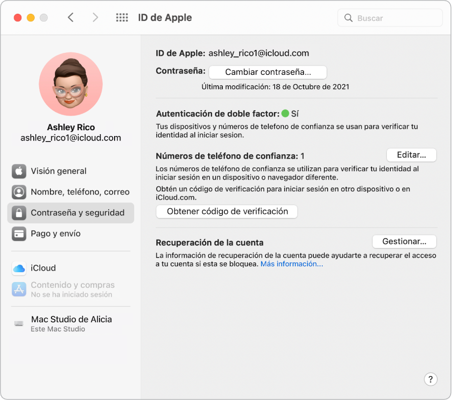 La sección “Contraseña y seguridad” de ID de Apple en Preferencias del Sistema. Haz clic en Gestionar para configurar “Recuperación de cuenta”.
