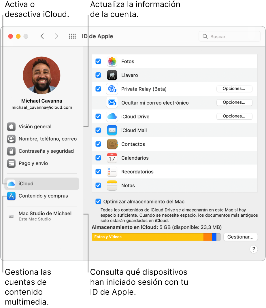 El panel ID de Apple de Preferencias del Sistema. Haz clic en un ítem de la barra lateral para actualizar la información de tu cuenta, activar o desactivar iCloud, gestionar tus cuentas de redes sociales y ver todos los dispositivos que han iniciado sesión con tu ID de Apple.