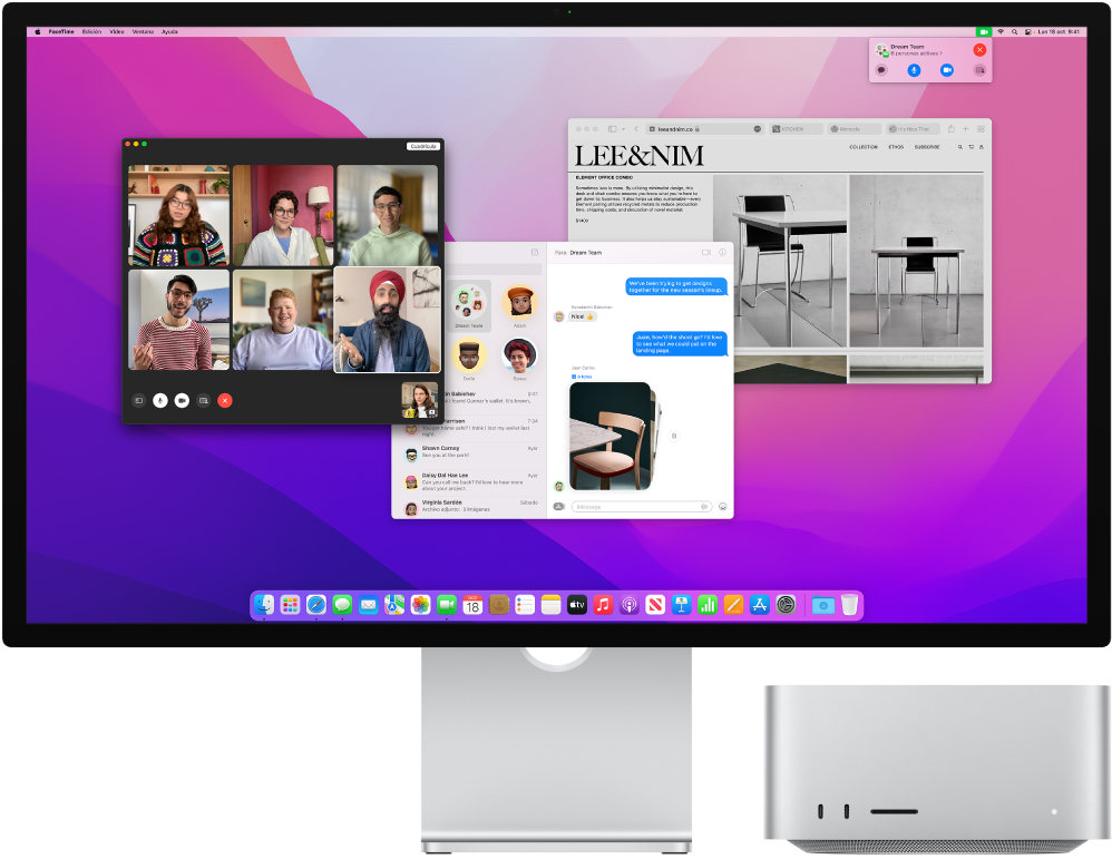Un Mac Studio conectado a una pantalla que muestra el escritorio con el centro de control y varias apps abiertas.