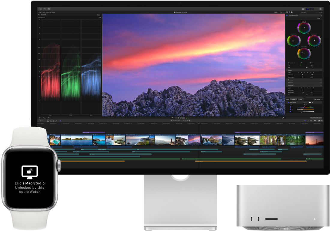 Apple Watch on Mac Studio kõrval ning ekraanil on teade, et Mac avati kella poolt.