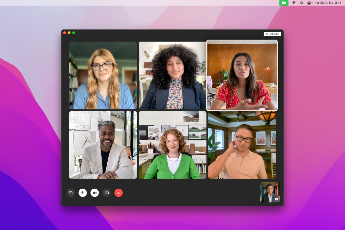 FaceTime-ikkuna, jossa on ryhmä kutsuttuja käyttäjiä.