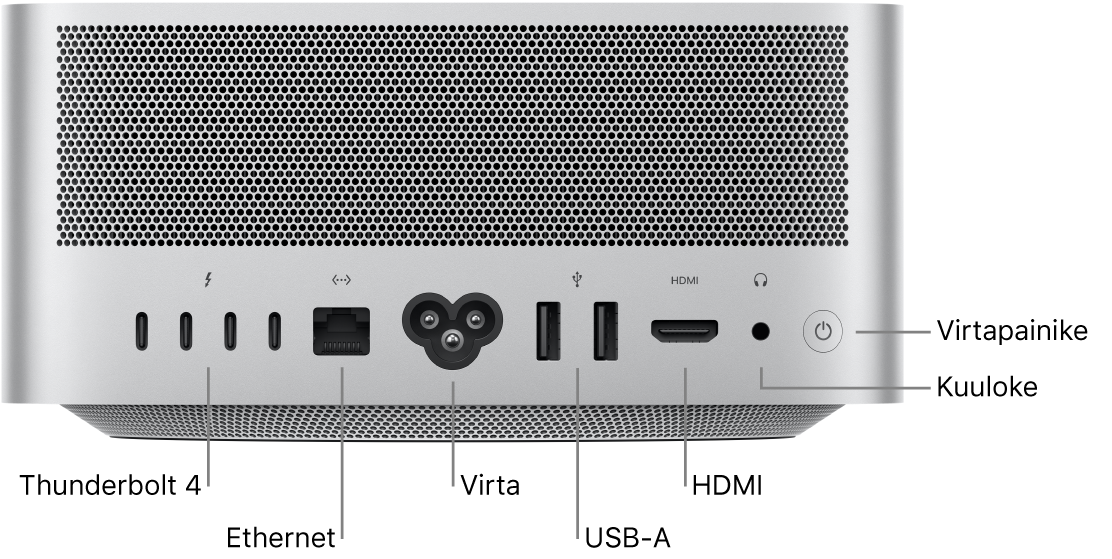 Mac Studion taustapuoli, jossa näkyy neljä Thunderbolt 4 (USB-C) -porttia, Gigabit Ethernet -portti, virtaportti, kaksi USB-A-porttia, HDMI-portti, 3,5 mm kuulokeliitäntä ja virtapainike.