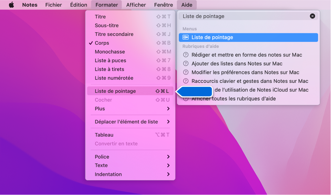 Menu d’aide présentant une recherche dont les termes sont « liste de pointage » et « Liste de pointage » surligné dans le menu Format.