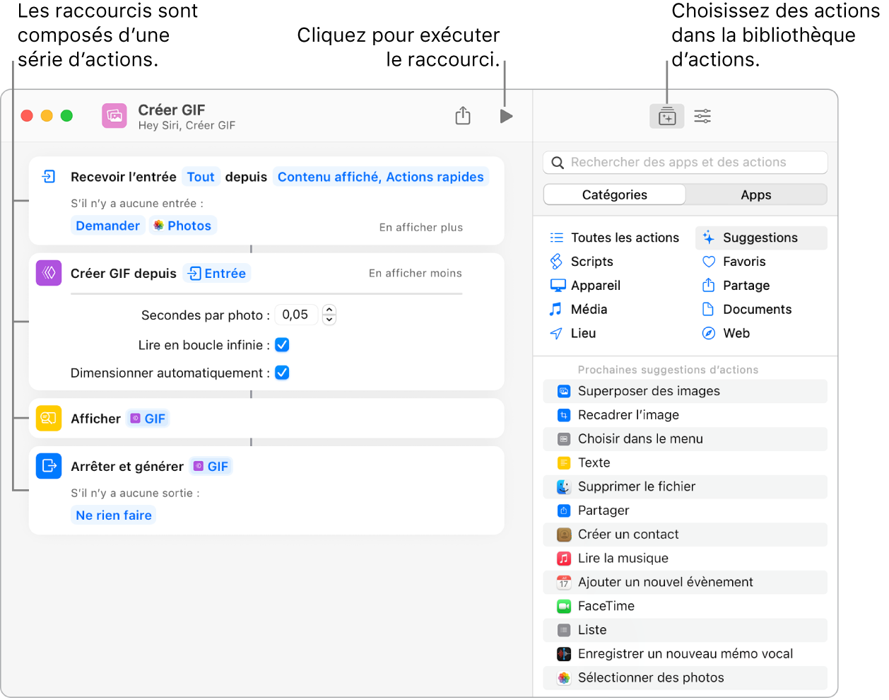 L’éditeur de raccourcis « Créer GIF » sur la gauche et la bibliothèque d’actions sur la droite.