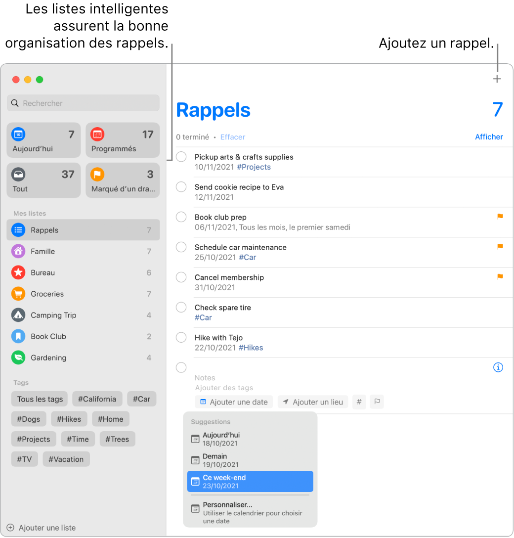 Fenêtre de Rappels avec des listes intelligentes sur la gauche, et d’autres rappels et listes en dessous. Une petite fenêtre est ouverte dans le menu Suggestions avec des suggestions pour Aujourd’hui, Demain, « Cette semaine » et Personnaliser.