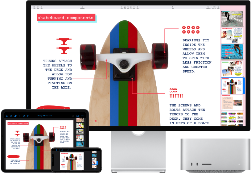 ‏Mac Studio ליד מכשירים שונים המציגים כולם את אותו תוכן ב-iCloud.