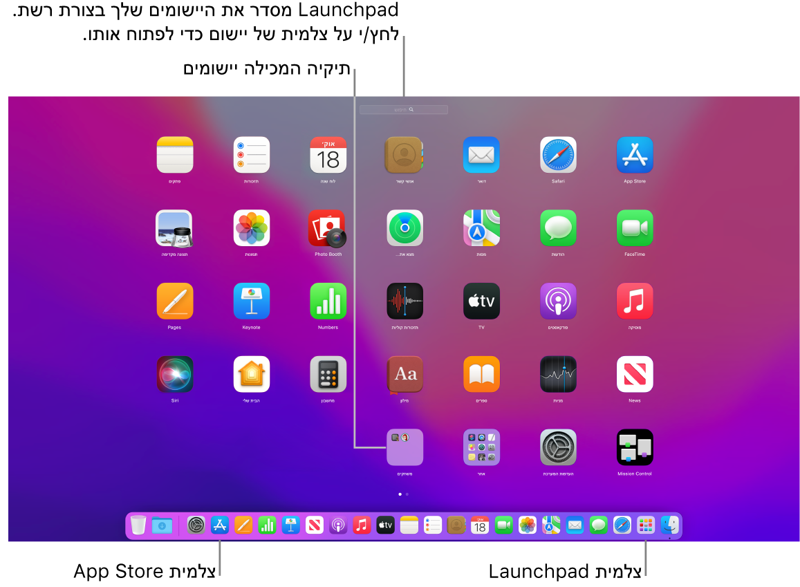 מסך של Mac עם ה‑Launchpad פתוח, תיקיה של יישומים מוצגת ב‑Launchpad וצלמיות של ה‑Launchpad וה‑App Store ב‑Dock.