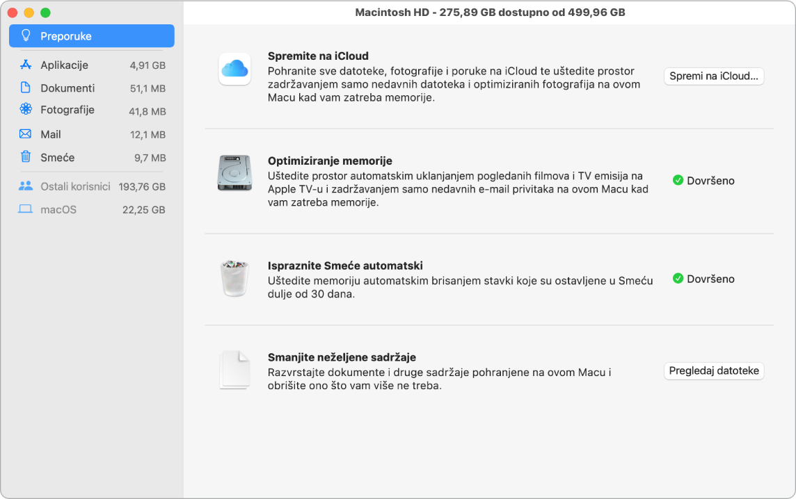 Postavke Preporuka za pohranu prikazuju opcije Spremi na iCloud, Optimiziraj memoriju, Automatski obriši Smeće i Smanji neželjene sadržaje.