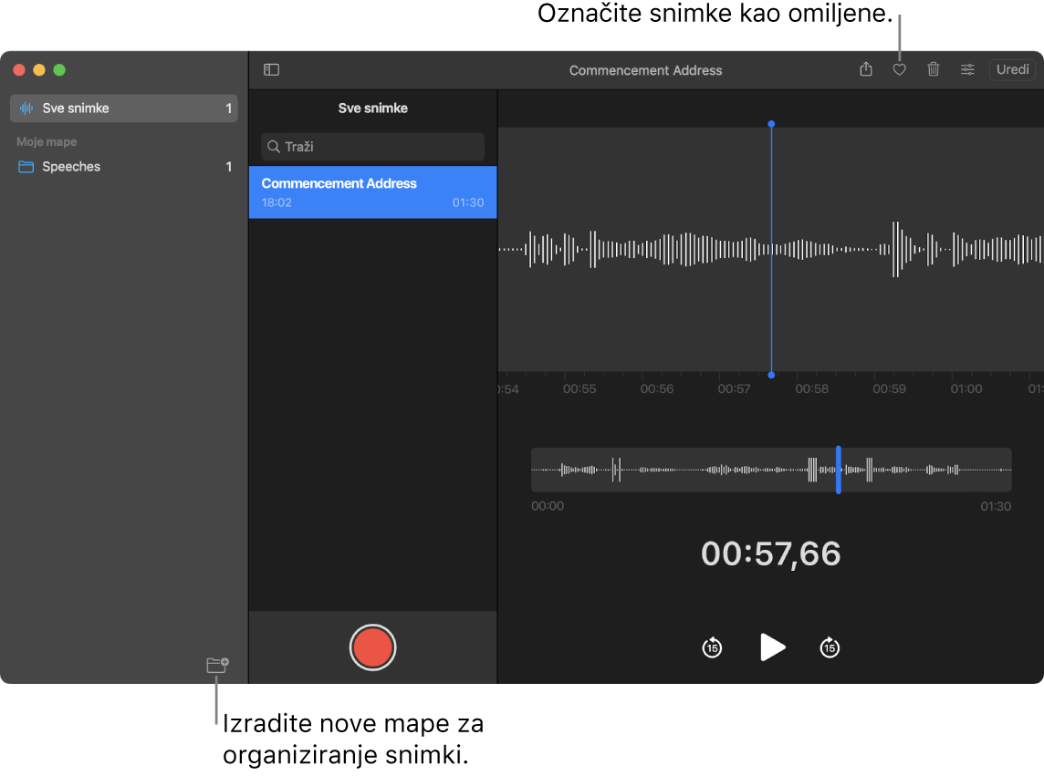 Prozor Diktafona s prikazom kako izraditi nove mape ili označiti snimku kao omiljenu.