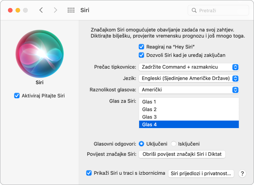 Prozor s postavkama za Siri s odabranom opcijom Aktiviraj Pitajte Siri slijeva i nekoliko opcija za podešavanje Siri zdesna, uključujući “Reagiraj na frazu ‘Hey Siri’.”