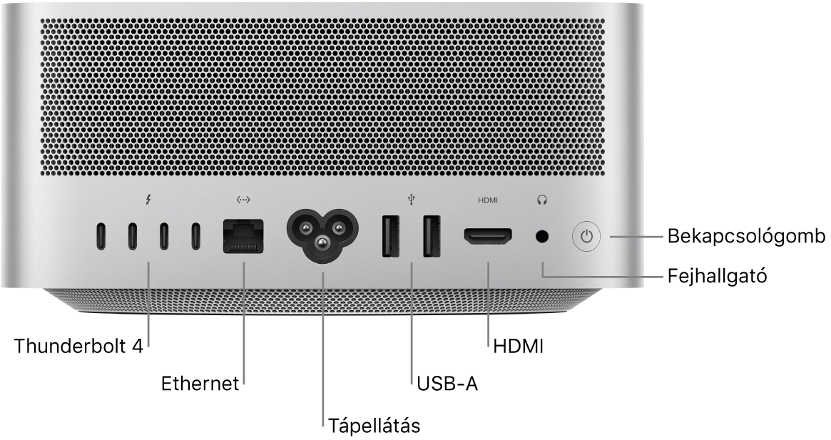 A Mac Studio hátoldala négy Thunderbolt 4 (USB-C) porttal, a Gigabit Ethernet-porttal, a tápcsatlakozóporttal, két USB-A-porttal, a HDMI-porttal, a 3,5 mm-es fejhallgatóaljzattal és a bekapcsológombbal.