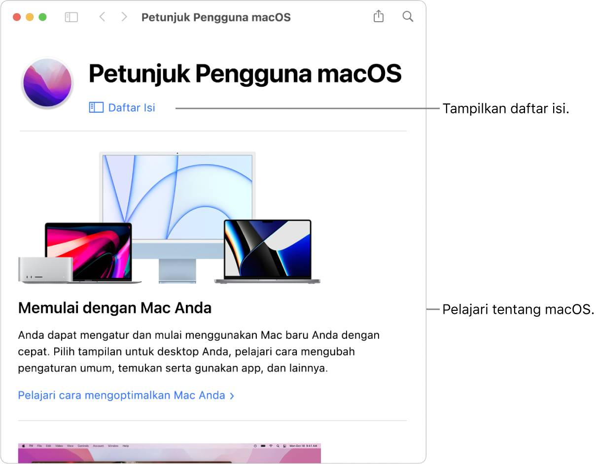 Untuk menemukan topik di Petunjuk Pengguna macOS, Anda dapat menelusuri atau mencari.