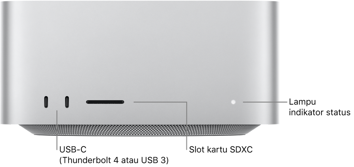 Bagian depan Mac Studio menampilkan dua port USB-C, slot kartu SDXC, dan lampu indikator status.