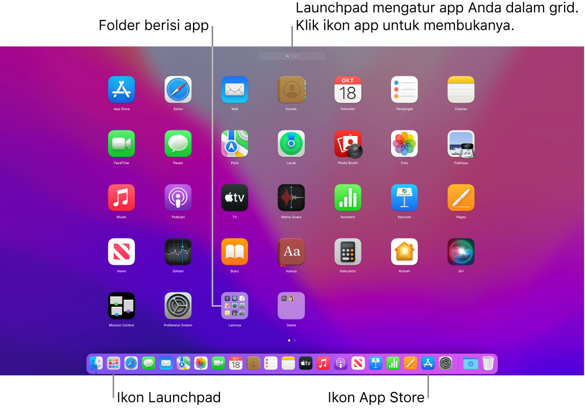 Layar Mac dengan Launchpad terbuka, menampilkan folder app di Launchpad, dan ikon Launchpad dan App Store di Dock.