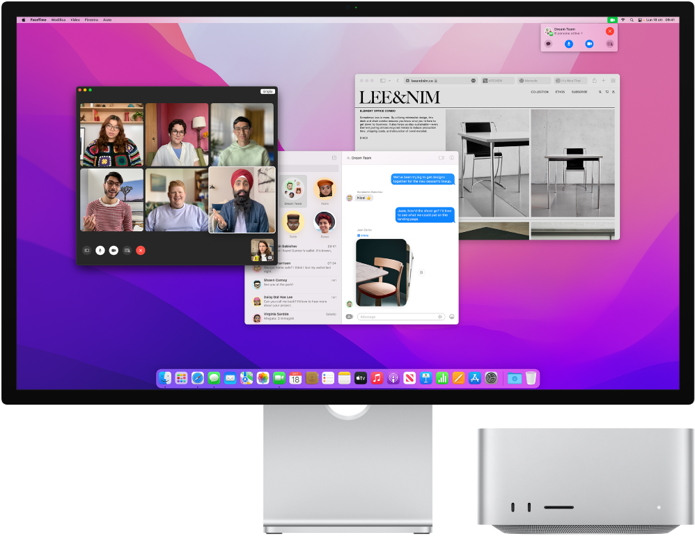 Mac Studio collegato a uno schermo, con la scrivania che mostra Centro di Controllo e varie app aperte.