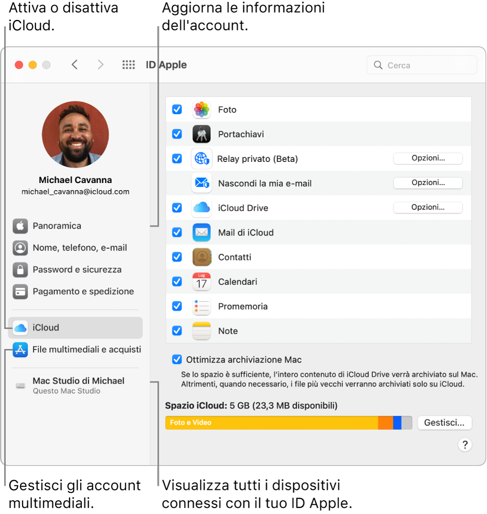 Il pannello Apple ID di Preferenze di Sistema. Fai clic su un elemento nella barra laterale per aggiornare le informazioni dell'account, attivare o disattivare iCloud, gestire gli account multimediali e visualizzare tutti i dispositivi in cui hai effettuato l'accesso con il tuo ID Apple.