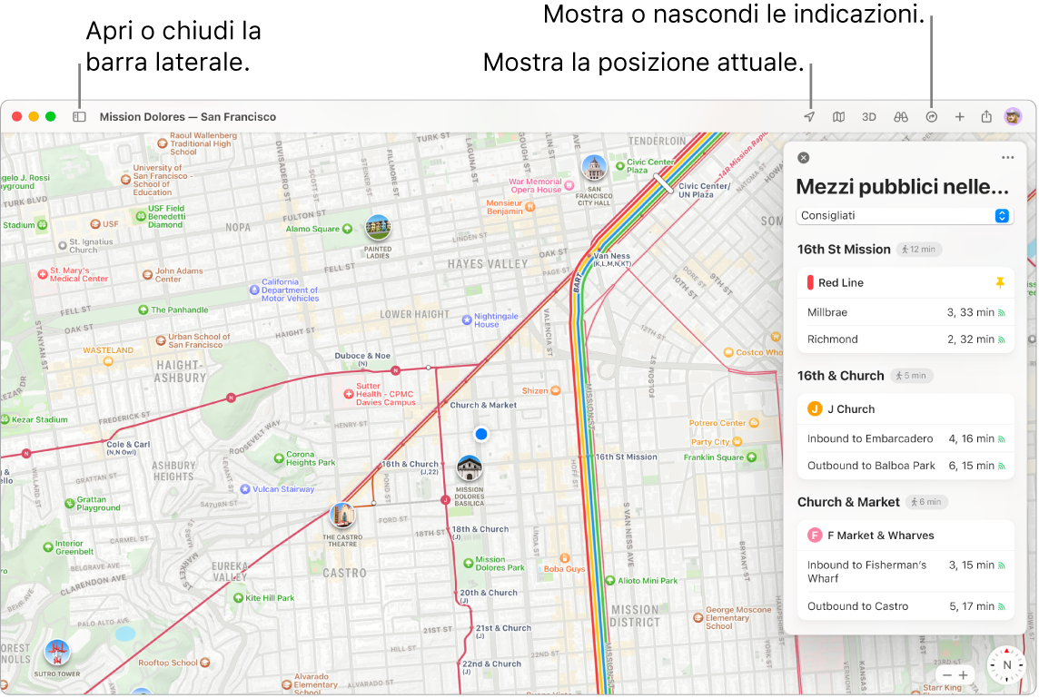 Una finestra di Mappe che mostra come ottenere indicazioni facendo clic su una destinazione nella barra laterale, come aprire o chiudere la barra laterale e come trovare la tua posizione attuale sulla mappa.