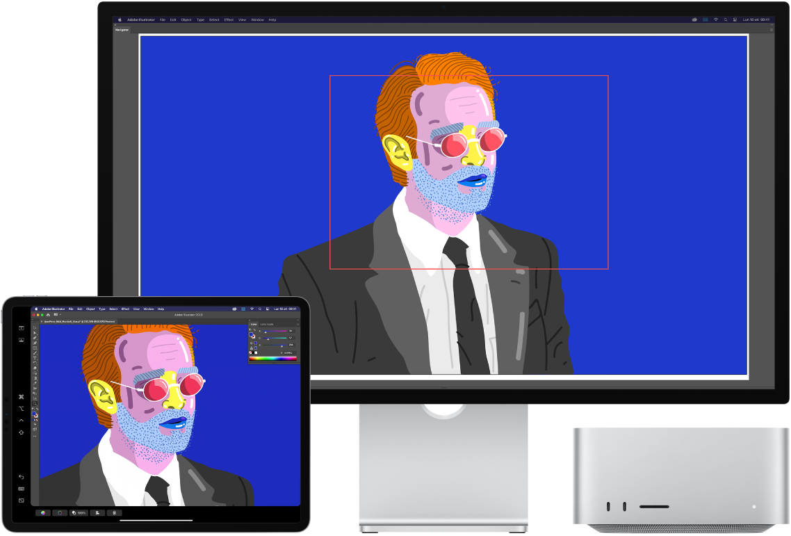 Mac Studio e iPad uno accanto all'altro. Mac Studio mostra un'immagine all'interno della finestra navigatore di Illustrator. iPad mostra la stessa immagine nella finestra documento di Illustrator, circondata dalle barre degli strumenti.