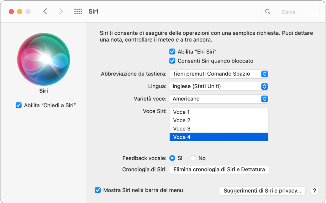 La finestra delle preferenze Siri con “Abilita Chiedi a Siri” selezionato sulla sinistra e varie opzioni per la personalizzazione di Siri sulla destra, tra cui “Ascolta Ehi Siri”.