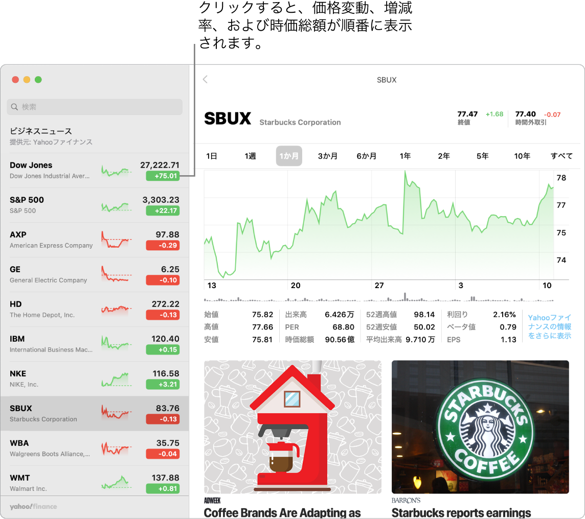 「株価」画面。選択した銘柄に関する情報と記事が表示されています。