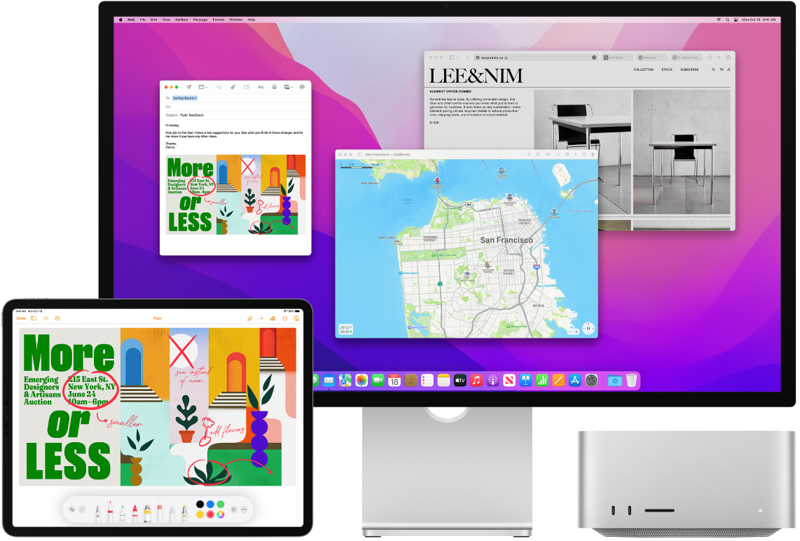 „Mac Studio“ ir „iPad“ rodomi vienas šalia kito. „iPad“ ekrane rodoma skrajutė su pastabomis. „Mac Studio“ ekrane yra „Mail“ žinutė ir skrajutė su pastabomis iš „iPad“ kaip priedas.