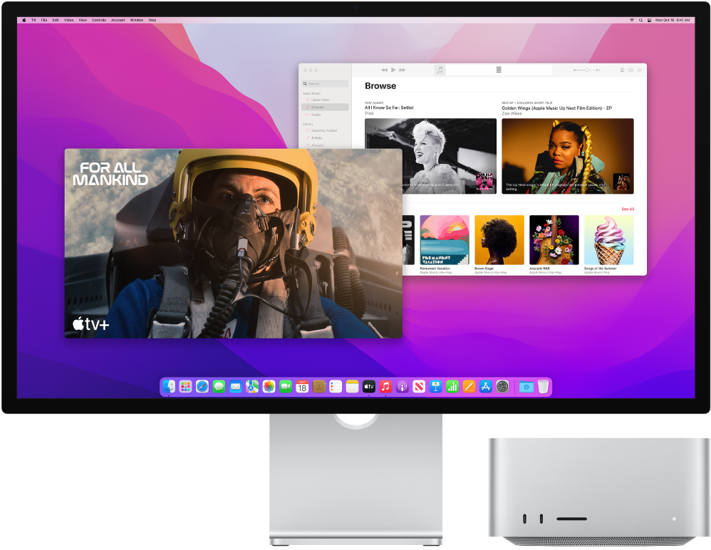Blakus novietots Mac Studio un Apple Studio Display displejs.