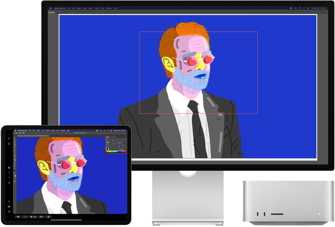 Blakus novietoti Mac Studio dators un iPad ierīce. Mac Studio datorā redzams māksliniecisks attēls lietotnes Illustrator navigācijas logā. iPad ierīcē redzams tas pats attēls lietotnes Illustrator dokumenta logā, attēlam apkārt ir rīkjoslas.