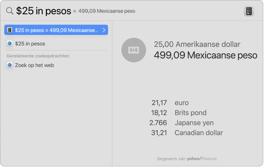 Een schermafbeelding met dollars omgerekend naar pesos en de omrekening als beste resultaat. Eronder staan verschillende andere resultaten die je kunt selecteren.