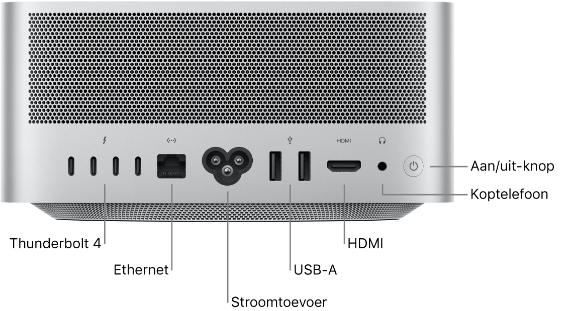 De achterkant van een Mac Studio met vier Thunderbolt 4-poorten (USB-C), een Gigabit Ethernet-poort, een poort voor het netsnoer, twee USB-A-poorten, een HDMI-poort, een 3,5-mm koptelefoonaansluiting en de aan/uit-knop.