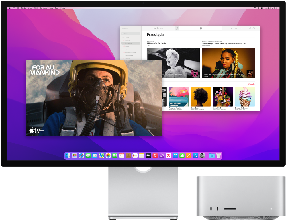 Mac Studio oraz wyświetlacz Apple Studio Display obok siebie.