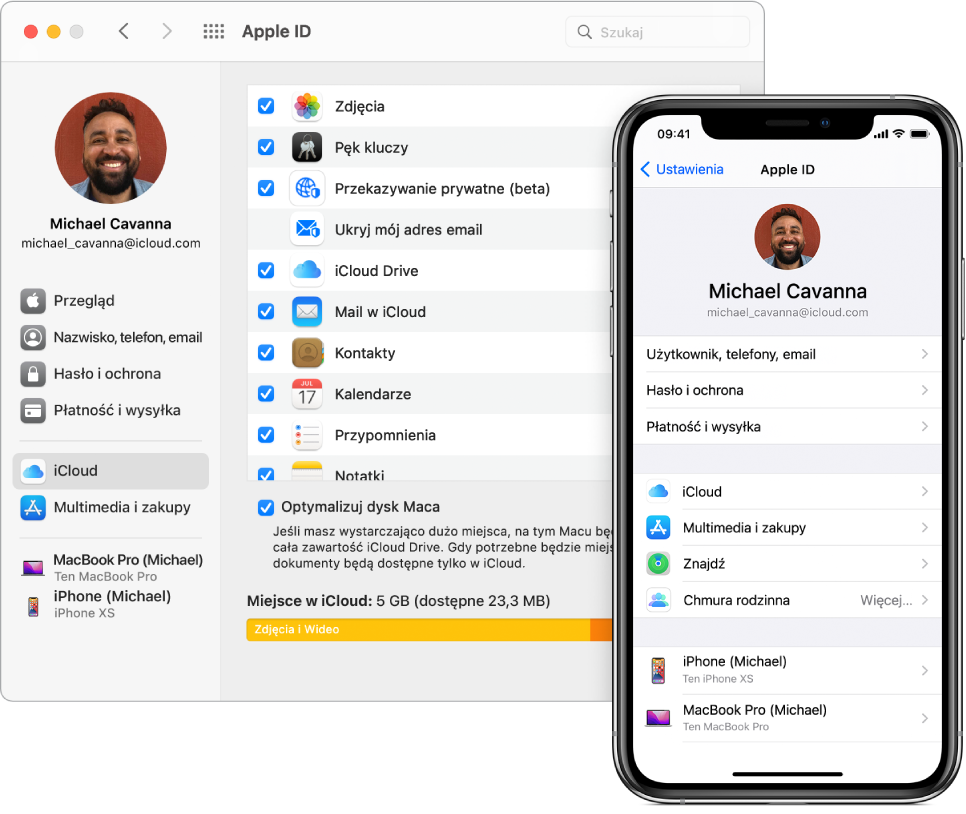 Ustawienia iCloud na iPhonie oraz okno iCloud na Macu.