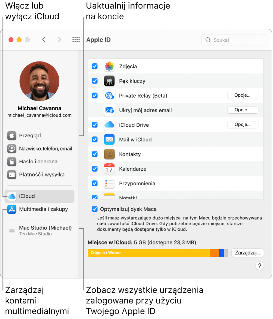 Panel Apple ID w Preferencjach systemowych. Kliknij w pozycję na pasku bocznym, aby uaktualnić dane swojego konta, włączyć lub wyłączyć iCloud, zarządzać kontami do multimediów oraz wyświetlać wszystkie urządzenia zalogowane przy użyciu tego samego Apple ID.