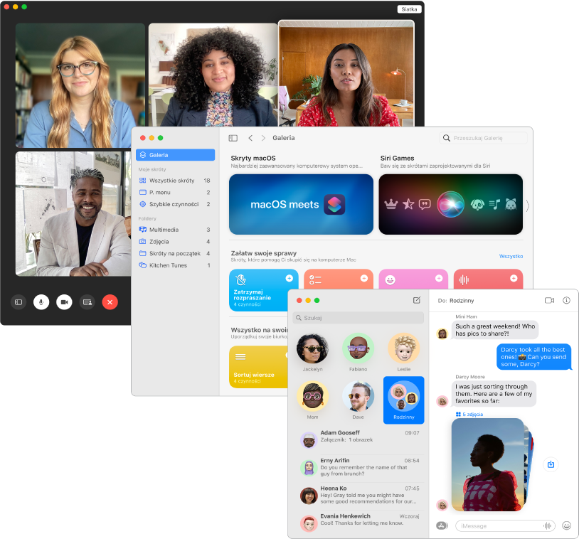 Nakładające się ekrany aplikacji FaceTime, Skróty oraz Wiadomości.
