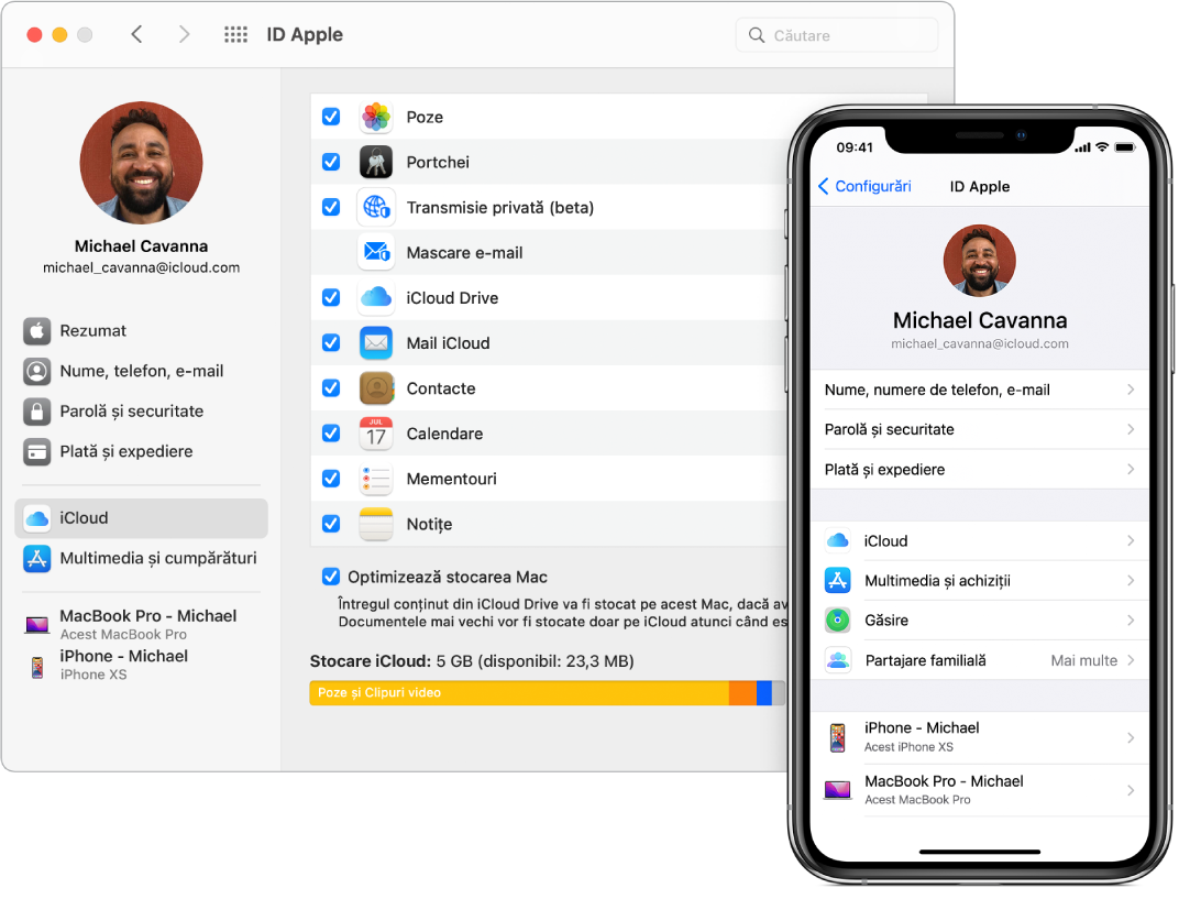 Configurările iCloud de pe un iPhone și fereastra iCloud pe Mac.