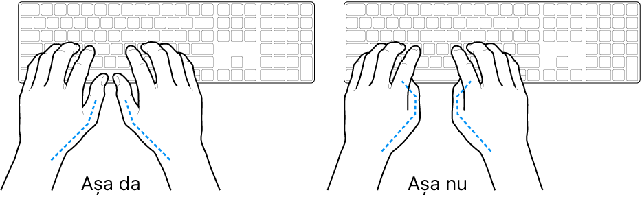 Mâini poziționate deasupra unei tastaturi, indicând alinierea corectă și incorectă a degetelor mari.