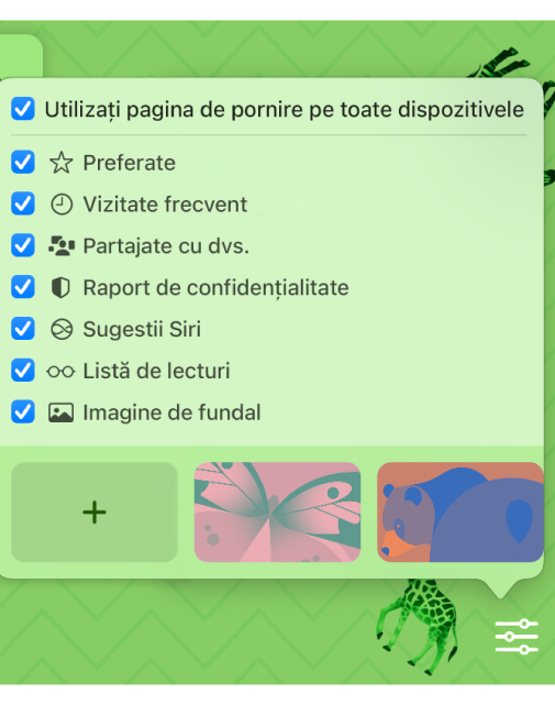 Meniul pop‑up Personalizare Safari cu casete de validare pentru Preferate, Vizitate frecvent, Raport de confidențialitate, Sugestii Siri, Listă de lecturi și Imagine de fundal.