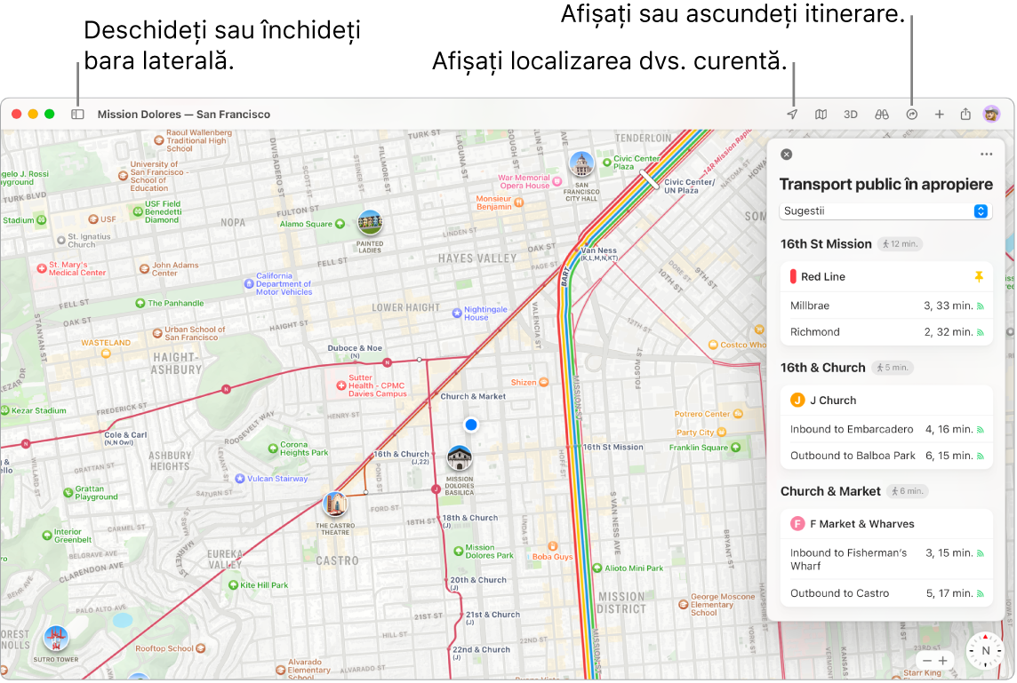 O fereastră Hărți afișând modul în care puteți obține un itinerar făcând clic pe o destinație din bara laterală, cum să deschideți sau să închideți bara laterală și cum să găsiți localizarea dvs. curentă pe hartă.