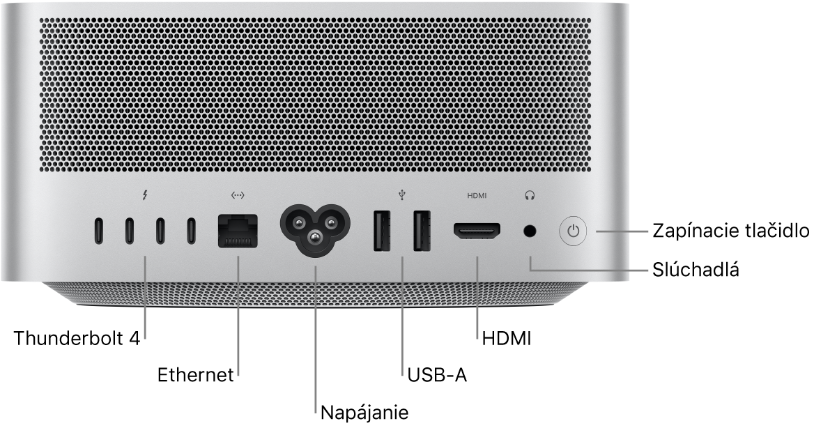 Zadná strana Mac Studia zobrazujúca štyri Thunderbolt 4 (USB-C) porty, Gigabit Ethernet port, napájací port, dva USB-A porty, HDMI port, 3.5 mm konektor slúchadiel a tlačidlo napájania.